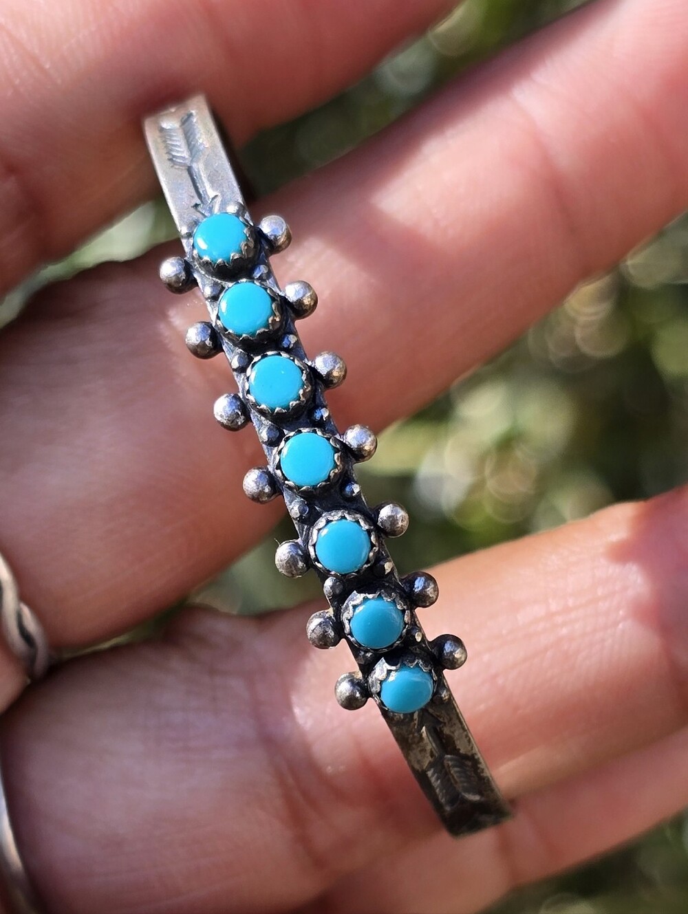 Zuni snake eyes turquoise row stamp work sterling silver baby cuff bracelet